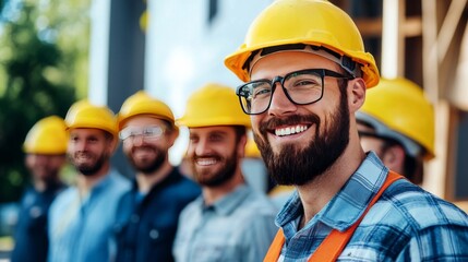 Smiling builders team up outdoors.