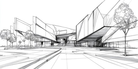 Line art illustration of contemporary architectural design in a three dimensional perspective