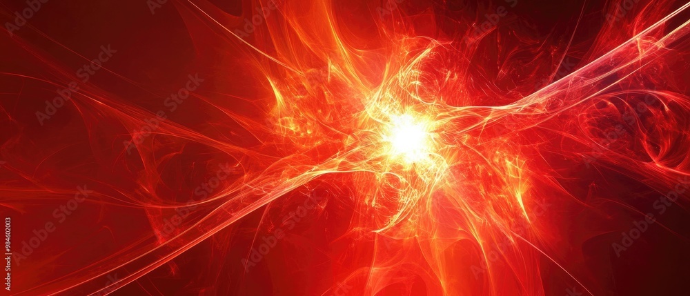 Poster abstract red background featuring a line art illustration of a fractal explosion star with glossy ef