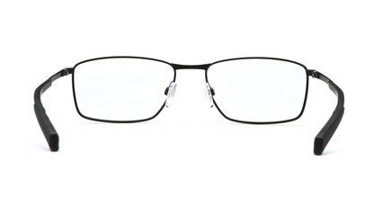 Glasses back view isolated on white background. Black eye glasses rectangle frame with clear...