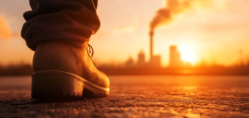 Worker boot against industrial sunset scenery