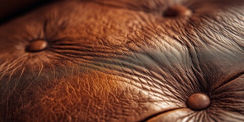 Detailed close-up of a textured leather surface with button-tufted accents, showing natural wear and patina.