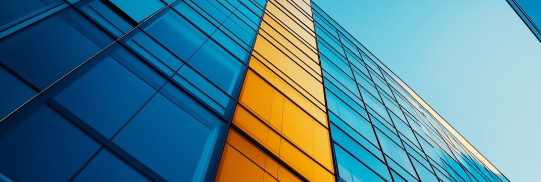 A contemporary glass facade building with a striking yellow accent. Represents modern architecture and innovative design.