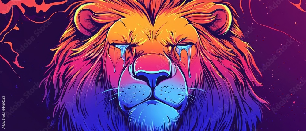 Wall mural Line art illustration featuring a cold gradient design of a cartoon lion with tears capturing an emotional expression