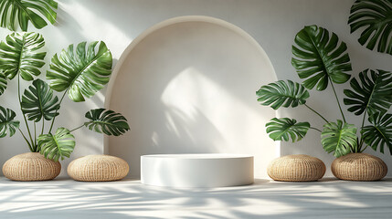 Minimalist Tropical Scene with Circular Podium and Greenery