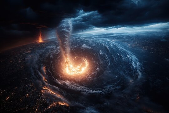 A towering fiery vortex over a cityscape dramatically depicts an apocalyptic scenario, with swirling fire and dark clouds symbolizing power and chaos.