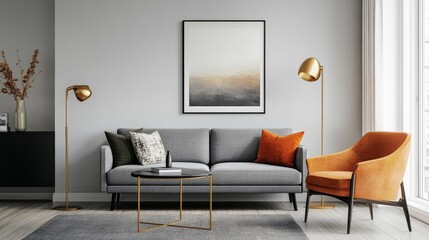 Living room with sofa, armchair, and patterned walls