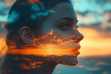 portrait of a person with a painted face A face transforming into a landscape through clever use of light and shadow, surreal blending, high contrast, smooth gradients,, portrait lens, gol