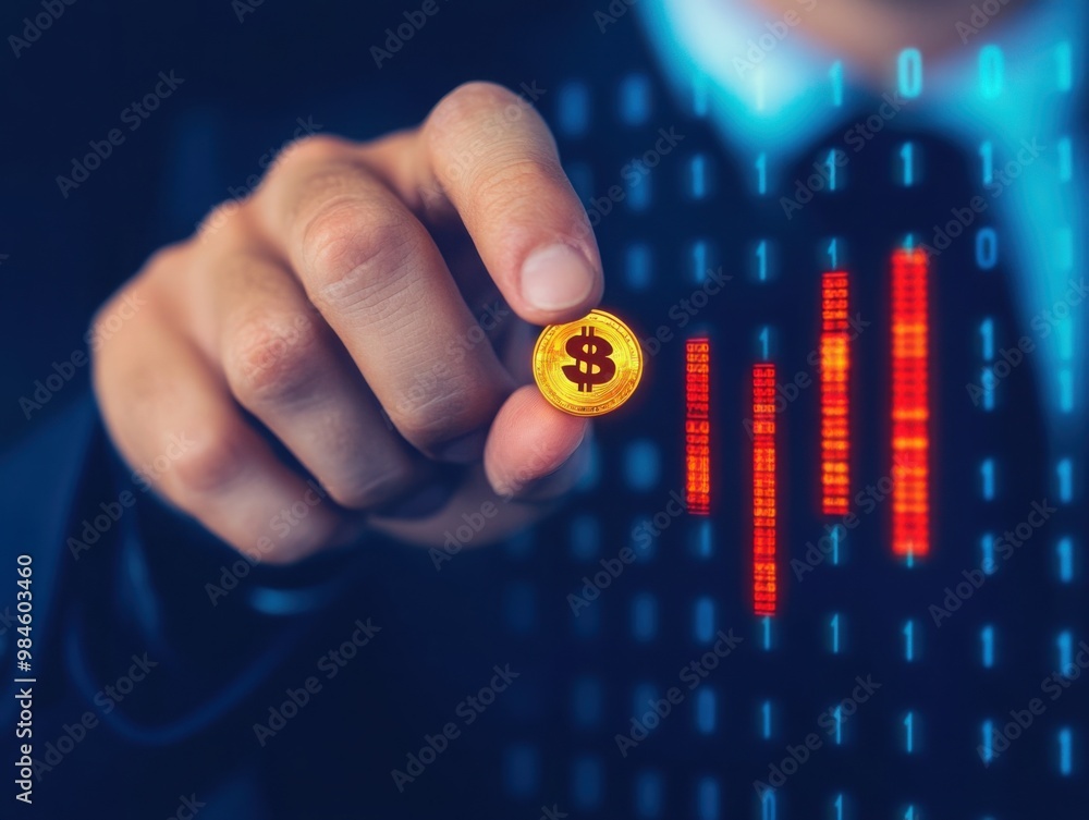 Poster a person in a suit holds a bitcoin, with a digital interface displaying cryptocurrency data in the b