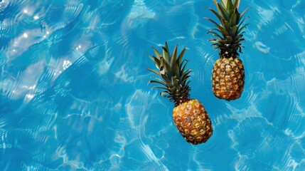 2 pineapples floating in the blue water, overhead view