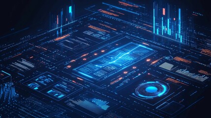 Obraz premium Futuristic Digital Interface with Glowing Blue and Orange Data Visualizations