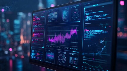 A Computer Monitor Displaying Data and Charts with a Cityscape Background