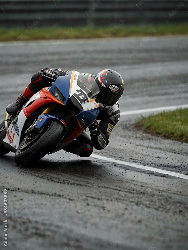 Poster superbike rider navigating a wet track with speed and precision.