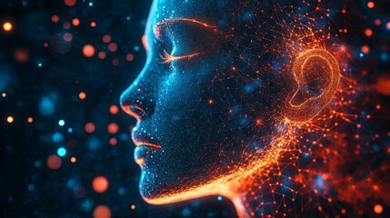 Digital Abstract Portrait of a Person Constructed from Interconnected Nodes and Lines