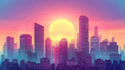 Fototapeta premium Sunset or sunrise Modern city skyscrapers panorama of tall buildings, urban background. Pop art retro vector illustration comic caricature 50s 60s style vintage kitsch