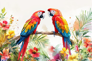 Obraz premium Colorful parrots perched on branch amidst vibrant tropical blooms, showcasing beauty of nature. Their vivid feathers and lush garden create lively and cheerful atmosphere
