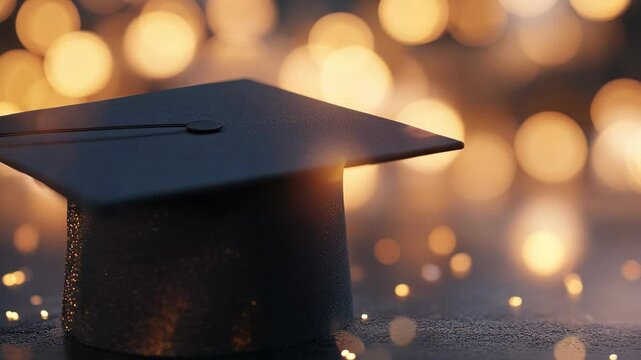 Black graduation cap on a blurred bokeh background.