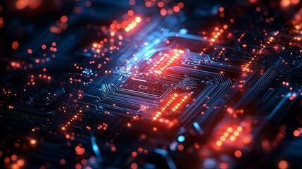 Obraz premium Illuminated Circuit Board with Red and Blue Lights