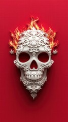 Obraz premium A striking decorative skull with intricate designs and vibrant flames, set against a bold red background, perfect for artistic projects.