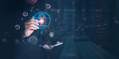 A business professional using a digital interface with financial symbols and data analytics, representing the intersection of finance and technology. 