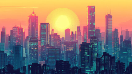 Sunset or sunrise Modern city skyscrapers panorama of tall buildings, urban background. Pop art retro vector illustration comic caricature 50s 60s style vintage kitsch