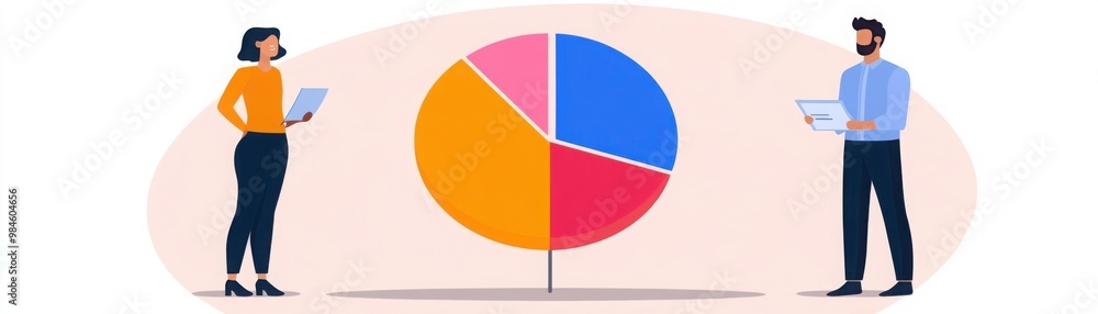 Poster two professionals analyze a colorful pie chart while holding digital devices, illustrating data pres