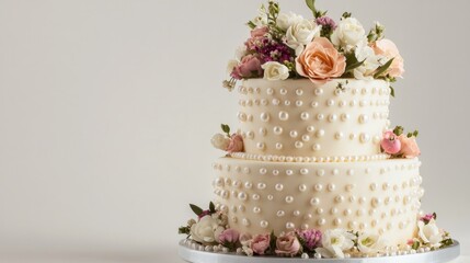 A two-tiered anniversary cake decorated with edible pearls and flowers, placed on a white background to focus on the craftsmanship