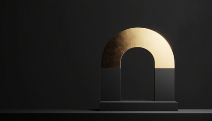 Fototapeta premium A dark, minimalistic scene featuring smooth geometric forms and a gold accent arch, embodying luxury and simplicity.