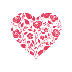 Design a heart shape intricately filled with floral patterns, such as roses, leaves, and vines, perfect for wedding invitations or romantic-themed branding.