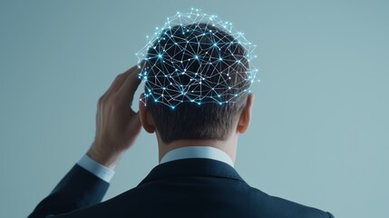 A futuristic concept where a business professional controls a digital neural network above his head.