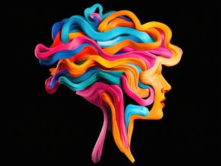 A vibrant, artistic representation of a woman's profile, featuring colorful, flowing hair made of various bold hues against a black background.