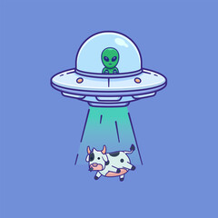Vector Illustration of An Aliens Catch A Cow Through A Flying Saucer Glow. Cute Cartoon Of Alien Spaceship.
