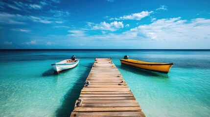 An idyllic seascape featuring boats anchored near a sturdy pier, with the clear blue water stretching endlessly.