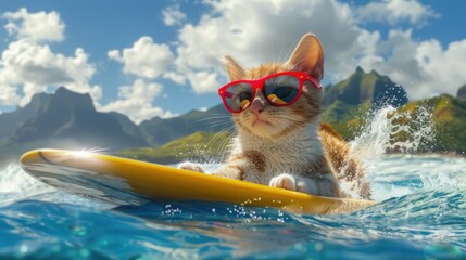 A cat wearing red sunglasses is surfing on the sea