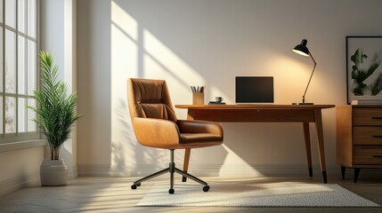 Modern office room in 3D, featuring a polished wooden desk, soft chair, and ambient lighting, isolated on a white background for focus