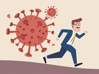 A businessman is running away from a large virus illustration, emphasizing urgency and the impact of pandemics on professional life.
