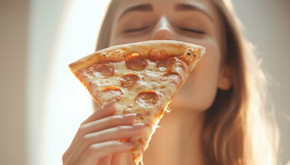 A relaxed woman delighting in a pizza slice, with soft lighting creating a serene, inviting scene.