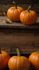 Three bright orange pumpkins on a wooden table with autumn leaves.