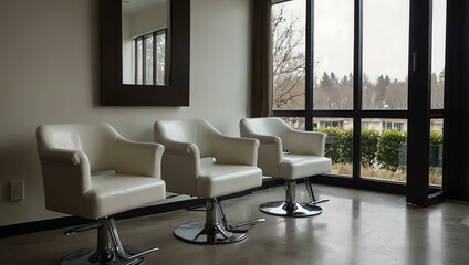 Three white salon chairs positioned by a window.