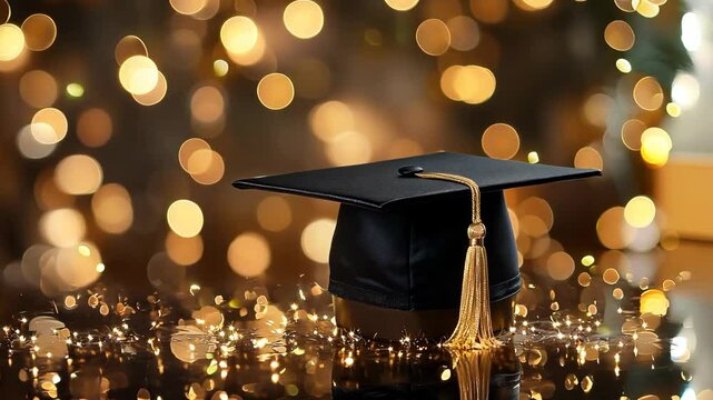 Black graduation cap on a blurred bokeh background.
