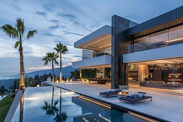 Fototapeta premium Exterior of modern villa, view from the pool
