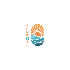 Morning Sunrise beach logo Landscape design. Summer Wave sun Logo. Tropical And Sea Sun Logo Element. sunset and sunrise concept symbol