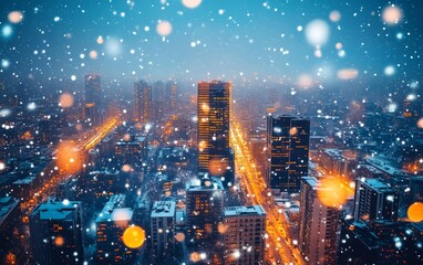 Fototapeta premium City skyline covered in snow with glowing streetlights during a winter snowfall, creating a festive urban landscape. Happy New Year.