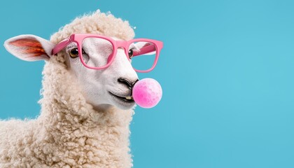 A stylish sheep with pink glasses and bubblegum, representing a blend of fashion, humor, and...