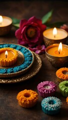 Traditional Diwali setting with candles, flowers, and sweets.