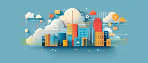 A vibrant city skyline illustration featuring colorful buildings, clouds, and digital elements, representing urban life and technology.