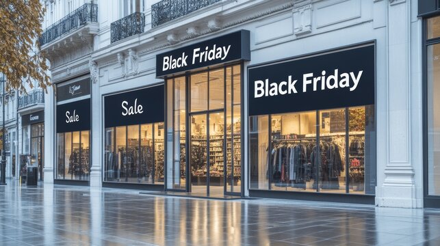 Fachada de una tienda con m&uacute;ltiples anuncios de "Black Friday", invitando a los clientes a aprovechar las ofertas.