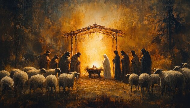 Christmas Nativity Scene with sheperds visiting th Holy Baby.