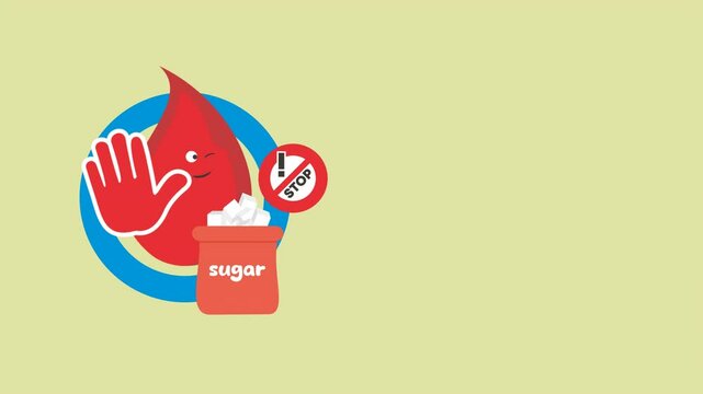 animated cartoon illustration of diabetes day characters, animated appeal to stop consuming sugar, looping animation, alpha channel background