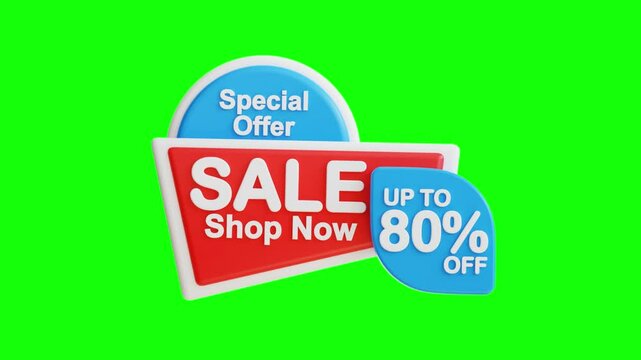 3D Greenscreen Video Animation Sale sign advertising special offer in a retail store, enticing customers to shop now for discounts of up to 80% off. Suitable for promotion designs.